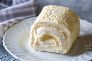 Turkish creamy dairy product. Clotted cream (butter cream) for Turkish breakfast with glass of milk. (Turkish name; kaymak)