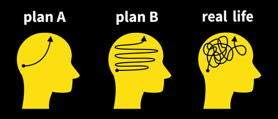Plan A plan B and real life. Silhouette head chaos and strategy, thoughts, ideas, choice plan. Vector illustration 
isolated.