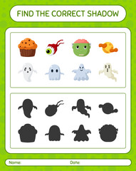 Find the correct shadows game with halloween icon. worksheet for preschool kids, kids activity sheet