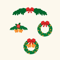 A set of decorations from the Christmas tree. Illustrations with bells, bows and Christmas wreaths. A collection for a holiday card or poster. Vector illustration