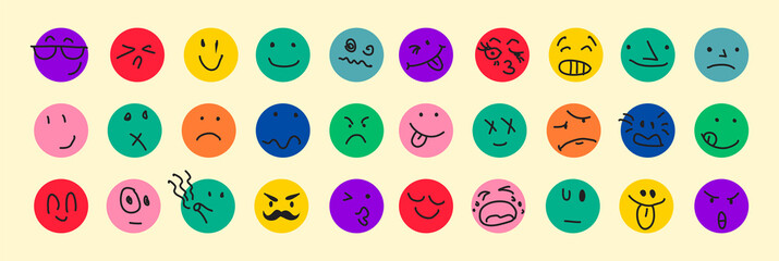 Cartoon style. Round emoji comic faces with various Emotions. Flat design. Hand drawn abstract trendy Vector illustration. Different colorful characters. 