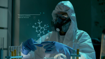 Male Scientist analyzing and interacting with a 3D Rotating Molecule Hologram in Laboratory. 