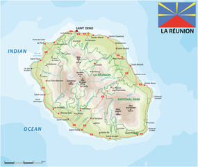 la reunion road and national park vector map with flag - obrazy, fototapety, plakaty