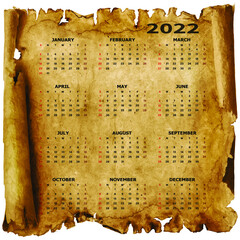 Calendar 2022 template on old paper background. Week starts on Sunday, holidays in red colors. Vector illustration.