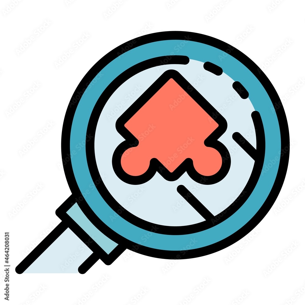 Poster puzzle under magnifier icon. outline puzzle under magnifier vector icon color flat isolated