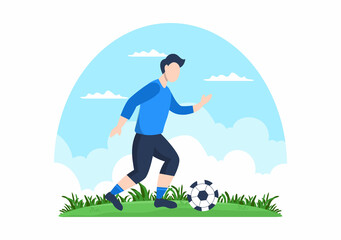 Playing Football with Boys Play Soccer Wear Sports Uniform Various Movements Such as Kicking, Holding, Defending, Parrying and Attacking in Field. Vector Illustration