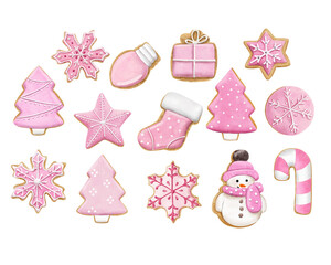 Big watercolor set of isolated gingerbread for christmas cards, party decor, fabric
