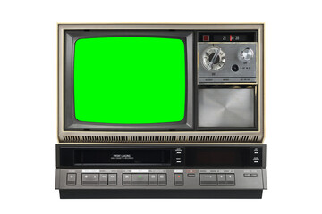 Old vintage 1970s TV with green screen for adding video and VCR isolated on white background. Vintage TVs 1980s 1990s 2000s. 