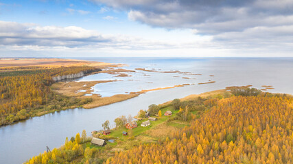 Autumn colored scenic aerial view on the Emajõgi river delta estuary and waters of the 4th largest...