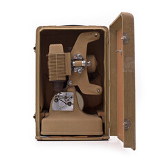 Old style movie projector on white background