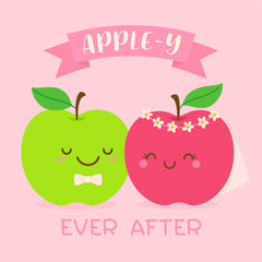 “Apple-y ever after” typography design with cute apple couple cartoon for valentine’s day card design.