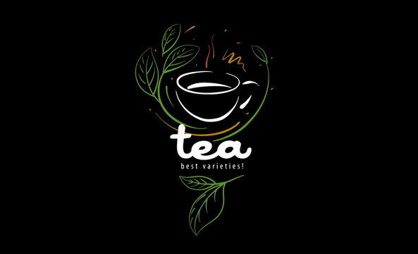 Vector logo with a painted cup of tea and leaves on a black background