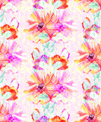 Fototapeta na wymiar Watercolor floral pattern in warm gentle shades with large poppies. Layered botanical texture. Modern bright summer spring motif in pink tones for textiles and surface design