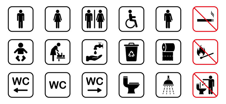 Toilet Room Silhouette Icon. Set of WC Sign. Bathroom, Restroom Pictogram. Public Washroom for Disabled, Male, Female, Transgender. Mother and Baby Room. No smoking Sign. Vector Illustration