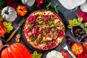 Thanksgiving Leftover Pizza, classic turkey leftover tart or sandwich in form of pizza