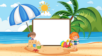 Kids on vacation at the beach daytime scene with an empty banner template