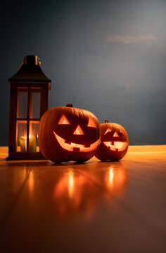 Spooky Jack O' Lanterns On Wooden Table Glowing In Fantasy Night. Halloween Background