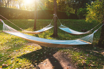 Three hammocks hang in a sunny meadow. Lounge zone