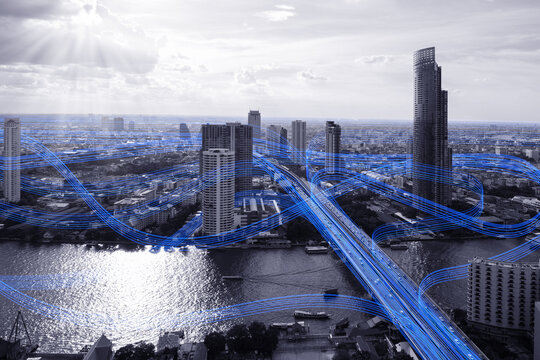 Black and white smart city with data communication flow network, communication technology concept
