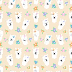 Seamless pattern with different doggy muzzles and colorful flowers.