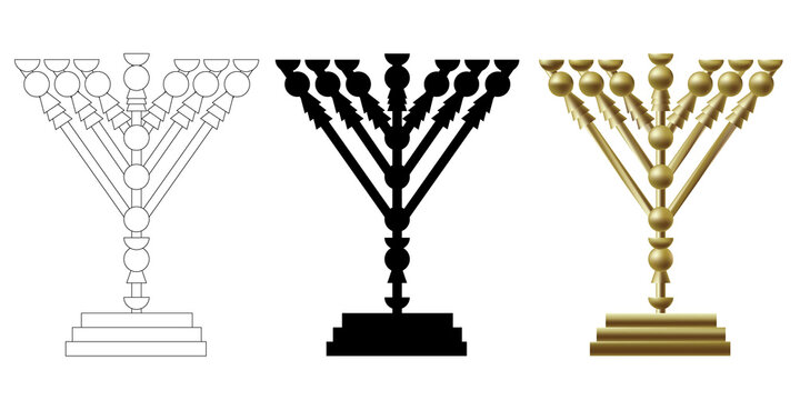 The menorah - golden lampstand in the tabernacle. six diagonal branches.  One of the ancient Jewish bible Temple vessels in Jerusalem. Vector icon painting for coloring, color and black silhouette. 