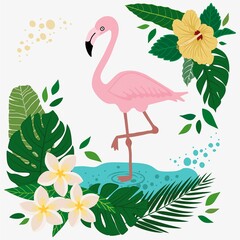 Flamingo with flowers and wild tropical leaves hand drawn vector illustration