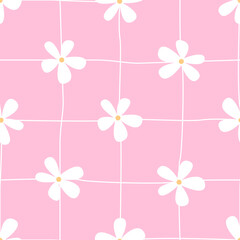 Seamless checkered pattern with flowers. Chamomile pattern. For fabric, textile, cover, background. Vector graphic