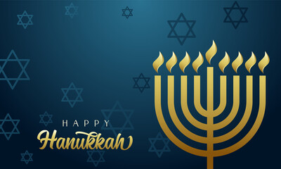 Happy Hanukkah greeting card, golden menorah and david stars. Hanukka gold colors candelabrum used in Jewish worship with eight branches. Vector illustration