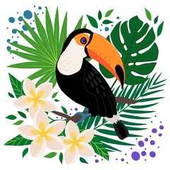Toucan wild tropical hand drawn vector illustration exotic animal and tropical plants design element