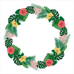 Trendy summer tropical flowers and leaves wreath vector illustration