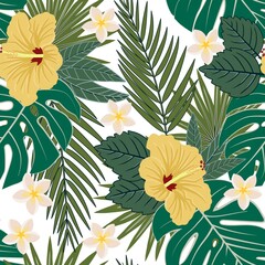 Tropical flowers and leaves seamless pattern vector illustration