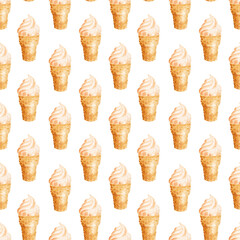Watercolor seamless patterns with images of popsicles and ice cream in waffle cups
