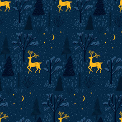 Winter forest and deer pattern, seamless background. Folk art Christmas illustration. Night oodland