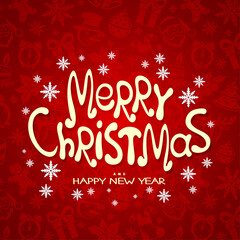 Fototapeta na wymiar Festive Christmas illustration with congratulation on red background.