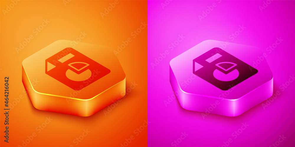 Poster isometric document with graph chart icon isolated on orange and pink background. report text file ic