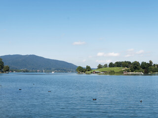 Bavaria landscape. View on Tegernsee lake and paraplui beach from Rottach-Egern