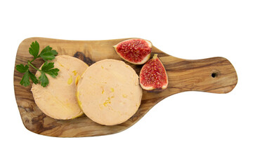 tranches de foie gras sur une planche à découper isolé dur un fond blanc