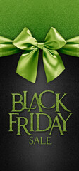 black friday gift card with shiny green ribbon bow isolated on glittering black background template with black friday sale written text, banner of advertising label promotional discounts offer
