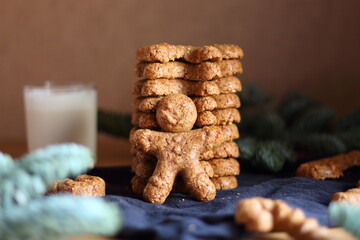 Gingerbread cookies and glass of milk for the mornings Christmas holidays. Vacation concept.
