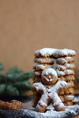 Snowfall gingerbread cookies. Tasty homemade Christmas cook. 