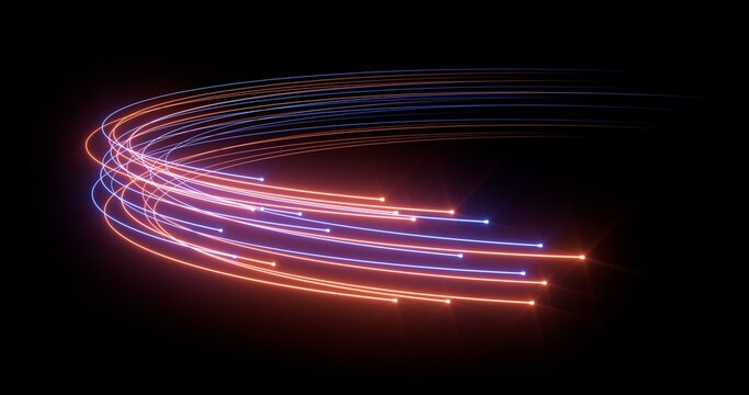 Light particles in motion. Red and blue circular path. 