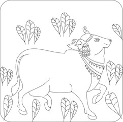 Holy cow in Kalamkari Indian traditional folk art on linen fabrics. It can be used for a coloring book, textile/ fabric prints, phone case, greeting card. logo, calendar
