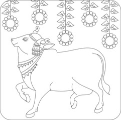 Holy cow in Kalamkari Indian traditional folk art on linen fabrics. It can be used for a coloring book, textile/ fabric prints, phone case, greeting card. logo, calendar