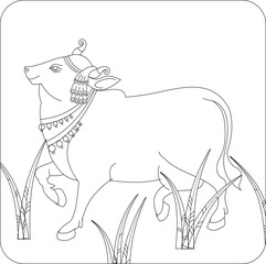 Holy cow in Kalamkari Indian traditional folk art on linen fabrics. It can be used for a coloring book, textile/ fabric prints, phone case, greeting card. logo, calendar