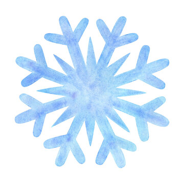 A blue snowflake. Watercolor illustration of a snowy flake. Hand drawn drawing isolated on a white background. Winter clipart, carved shape for sticker, design, print