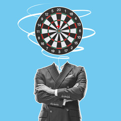 Modern design, contemporary art collage. Inspiration, idea, trendy urban magazine style. Man in business suit with target board instead head