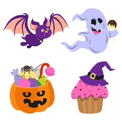 A set of vector illustrations of a funny bat and a ghost with a Halloween candy