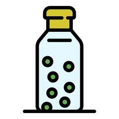 Glass bottle with pills icon. Outline glass bottle with pills vector icon color flat isolated