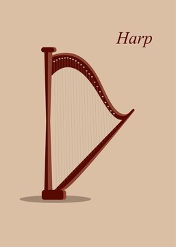 Musical instrument. Harp vector icon, flat design. Antique wooden stringed musical instrument Harp.