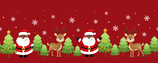 Seamless Christmas pattern. Black santa, deer, trees, stars, snow. African American Santa. New Year and Christmas holidays, New Year's decor for home and clothes.